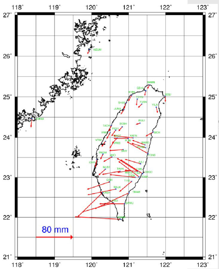 2006 ~ 2007 年 46 個 e-GPS 基準站相對於陽明山衛星追蹤站之測佔位移分佈